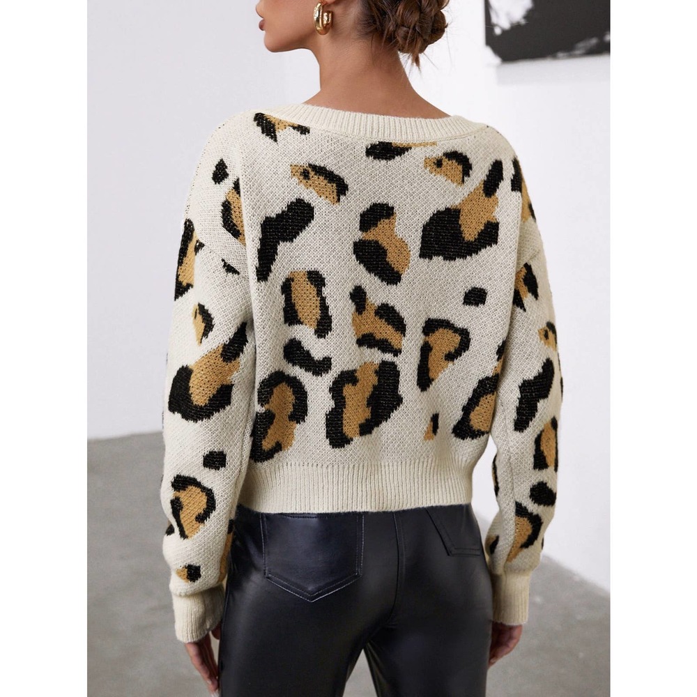 Faux wrap Leopard print v neck Overlap knit Sweater - Picture 5 of 5